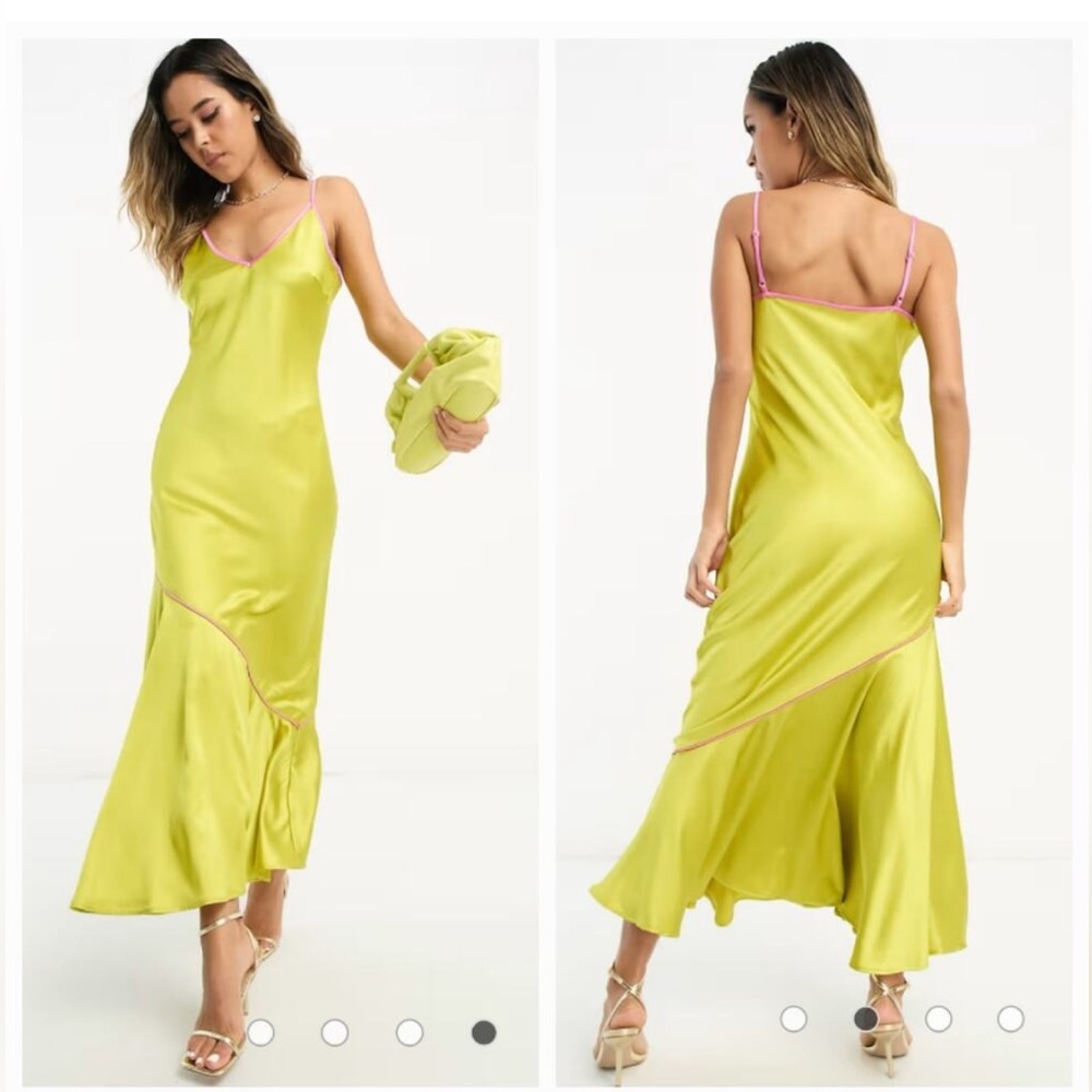 Never Fully Dressed asymmetric contrast satin slip dress in chartreuse